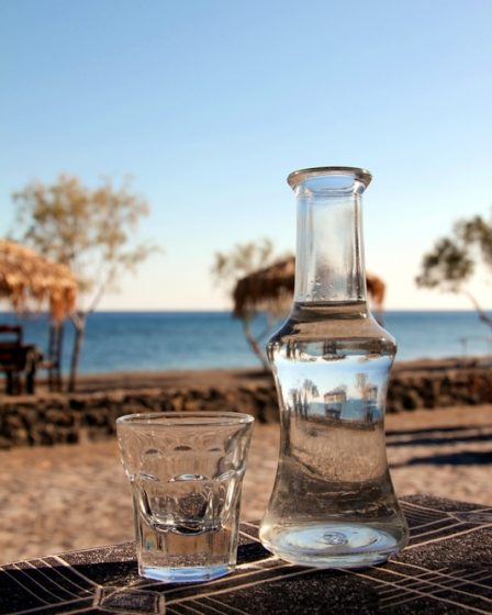 bottiglitta tsipouro grecia su tavolo con sfondo del mare